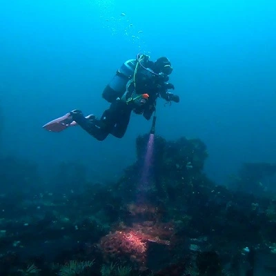 diver over a wreck on a boat dive